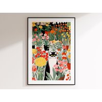 Katze Im Garten, Blumen Und Katzen, Grün-Rote Kunst, Blumenkunstdruck, Katzenkunstdruck, Katzenillustration, Florale Wanddekoration, Geschenke Für von EnchantedSights