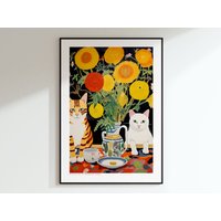 Schwarzes Und Braunes Katzenposter, Gelbe Sonnenblume, Blumen Katzen, Blumenkunstdruck, Katzenkunstdruck, Katzenillustration, Geschenke Für von EnchantedSights