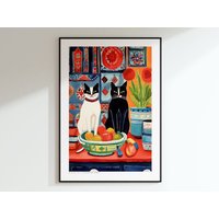 Schwarzweiße Katze Poster, Trendige Katzen Wandkunst, Wohndekor Druck, Rot Und Blau Kunst, Katzenliebhaber Geschenk, Aquarell Illustration von EnchantedSights