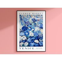 Venedig Blumenmarkt Poster, Reisekunst, Italien Kunstdruck, Blau-Weiße Blumenillustration, Trendige Wandkunst, Moderne Blumenwandkunst von EnchantedSights