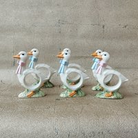 Vintage Gänse Serviettenringe 1985 Handbemaltes Porzellan Set von EncoretroDeutsch