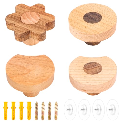 Encuryna 4 Stück Kleiderhaken Kinder, Holz Wandhaken Ohne Bohren, Haken Selbstklebend, Handtuchhaken, Garderobenhaken Holz, Dekorative Klebehaken, Mehrzweckhaken Wall Mounted Hooks, Kinderzimmer Deko von Encuryna