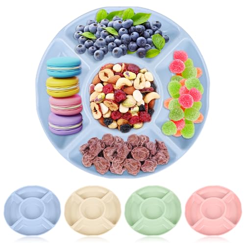 Encuryna 4 Stück Snackteller mit Fächern, Wiederverwendbar Snack Tablett, Kreative 5 Fach Anti-Rutsch Geteilte Süßigkeiten Box Servierplatte für Nuss Candy Getrocknetes Obst Essen für Home Party von Encuryna
