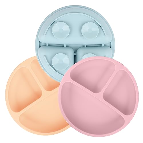 Encuryna Baby Teller mit Saugnapf,3Pcs Silikon Baby Teller Rutschfest Kinder Tischset mit Saugnäpfen,Geteilte Standfeste Babyteller Kleinkind Teller BPA Frei Spülmaschinen und MikrowellenFest von Encuryna