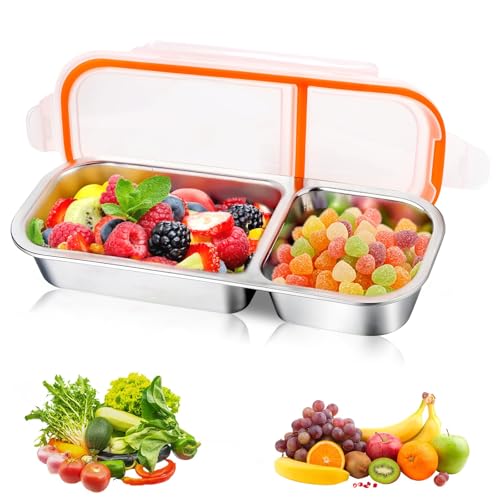 Encuryna Snackbox mit 2 Fächern, Edelstahl Snack-Behälter mit Fächern und Kunststoff-Deckel, wiederverwendbar, Lebensmittelaufbewahrung, Lunchbox, Tragbare Snack-Platten für Schule,Arbeit von Encuryna