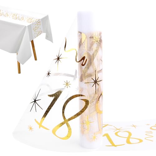 Tischläufer 18 Geburtstag Gold, 28 cm x 10 m Happy Birthday Tischdeko 18 Geburtstag Deko, Table Runner Goldene Tischläufer Stoff Rolle für Junge Mädchen Party Dekoration DIY Basteln von Encuryna