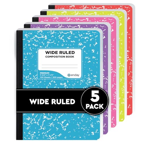 Enday Kompositions-Notizbuch, breit liniert (5er-Pack, verschiedene Farben), Hardcover, Marmor-Notizbuch, 100 Blatt von Enday