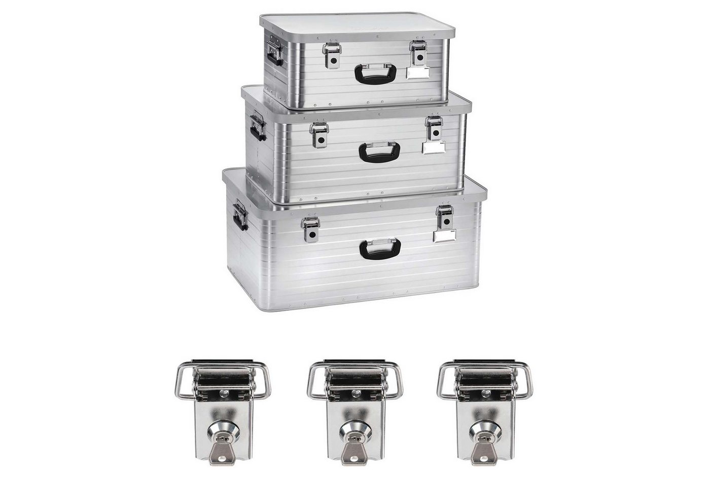 Enders® Aufbewahrungsbox Alubox 47 L + Alubox 80 L + Alubox 130 L inkl. 3x Schloss-Set, Alukiste Transportbox Lagerbox Alukoffer Metallkiste Alubox von Enders®