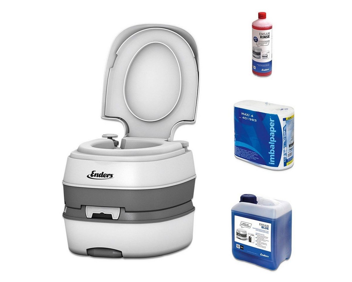 Enders® Campingtoilette Deluxe Blue Set, (Spar-Set, 1L RINSE + 2,5L BLUE + 4 Rollen selbstauflösendes Toilettenpapier), Kolbenpumpe, farbige Füllstandsanzeige, integrierte Transportrolle von Enders®