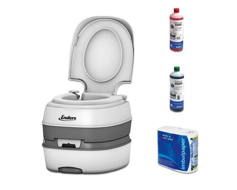 Enders® Campingtoilette Deluxe Green Set, (Spar-Set, inkl. 1L RINSE + 1L GREEN + 4 Rollen selbstauflösendes Toilettenpapier), Kolbenpumpe, farbige Füllstandsanzeige, integrierte Transportrolle von Enders®