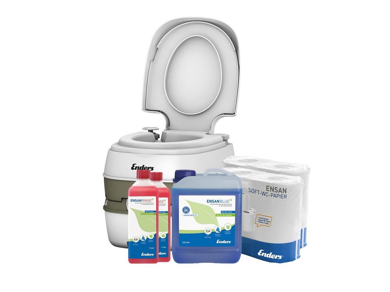 Enders® Campingtoilette SET Deluxe large+: Deluxe + 2xRinse+ 1L + Blue+ 2,5L + 2x WC-Papier, (Spar-Set, 2L Rinse+ + 2,5L Blue+ + 8 Rollen selbstauflösendesToilettenpapier), Kolbenpumpe, farbige Füllstandsanzeige, integrierte Transportrolle von Enders®