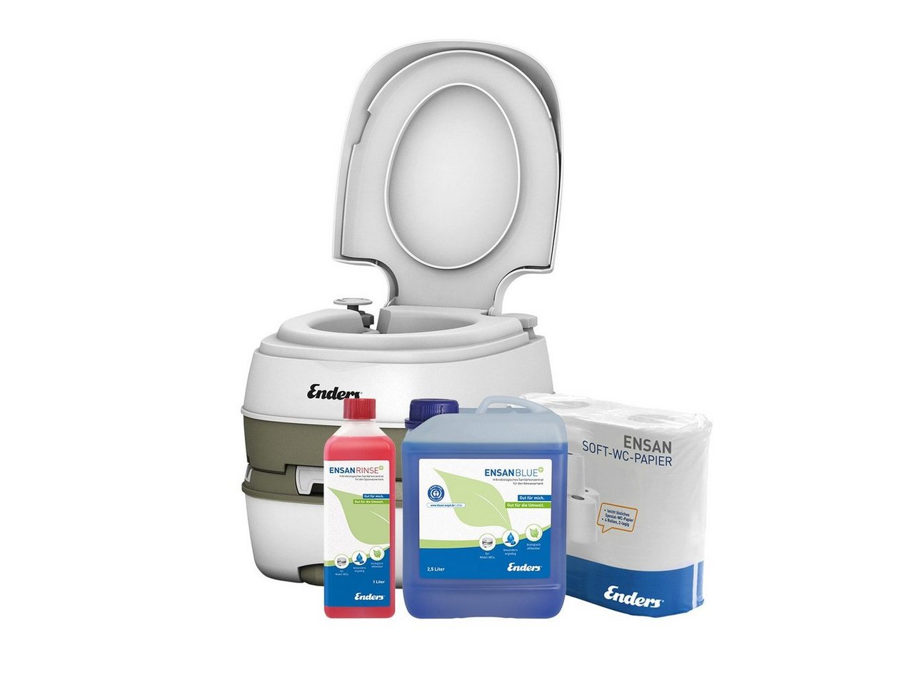 Enders® Campingtoilette SET Deluxe medium+: Deluxe + Rinse+ 1L + Blue+ 2,5L + WC-Papier, (Spar-Set, 1L RINSE+ + 2,5L BLUE+ + 4 Rollen selbstauflösendes Toilettenpapier), Kolbenpumpe, farbige Füllstandsanzeige, integrierte Transportrolle von Enders®