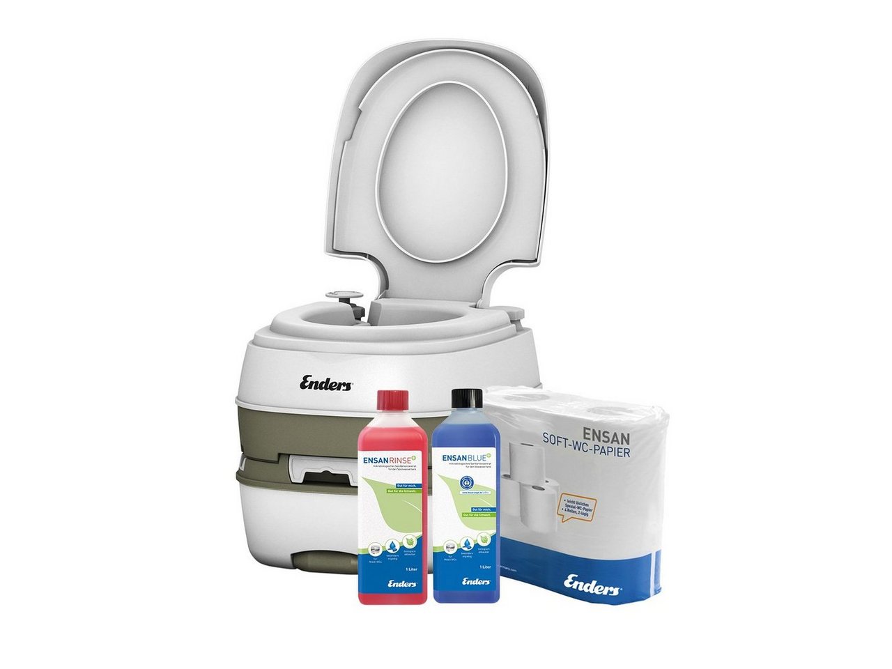 Enders® Campingtoilette SET Deluxe small+: Deluxe + Rinse+ 1L + Blue+ 1L + WC-Papier, (Spar-Set, 1L Rinse+ + 1L Blue+ + 4 Rollen selbstauflösendes Toilettenpapier), Kolbenpumpe, farbige Füllstandsanzeige, integrierte Transportrolle von Enders®