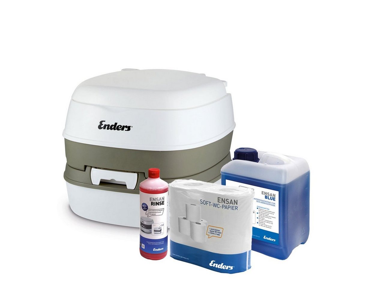 Enders® Campingtoilette Starter-Set Blue Comfort, (Spar-Set, 1L RINSE + 2,5L BLUE + 4 Rollen selbstauflösendes Toilettenpapier), Kolbenpumpe, geringes Gewicht, glatte und hygienische Oberfläche von Enders®