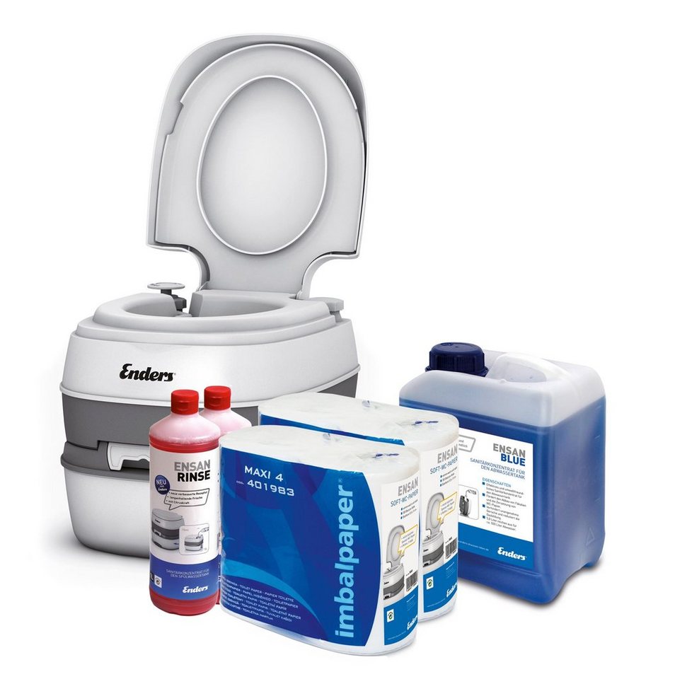 Enders® Campingtoilette Starter-Set Blue XL Comfort, (Spar-Set, inkl. 2L RINSE + 5L BLUE + 8 Rollen selbstauflösendes Toilettenpapier), Kolbenpumpe, geringes Gewicht, glatte und hygienische Oberfläche von Enders®