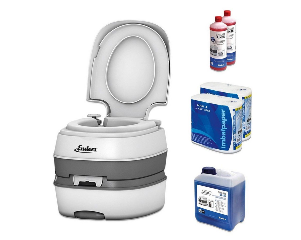 Enders® Campingtoilette Starter Set Blue XL Deluxe, (Spar-Set, inkl. 2L RINSE + 5L BLUE + 8 Rollen selbstauflösendes Toilettenpapier), Kolbenpumpe, farbige Füllstandsanzeige, integrierte Transportrolle von Enders®