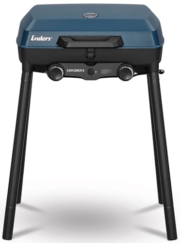 Enders Camping Gasgrill Explorer II, Grill-Thermometer, Grillen-, Kochen-, Backen Funktion, 2 Brenner Edelstahl, kleiner Balkon-Picknick-Grill, Aluguss-Grillwanne #2104, Blau von Enders
