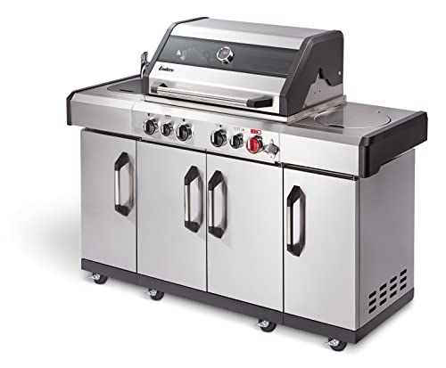 Enders Gasgrill Kansas II Pro 4 SIK Profi Turbo, 4 Brenner mit doppelwandiger Garhaube und Switch Grid - mit Turbo Zone (800 °C)-Gas Grill mit Backburner & Infrarotbrenner, Silber von Enders