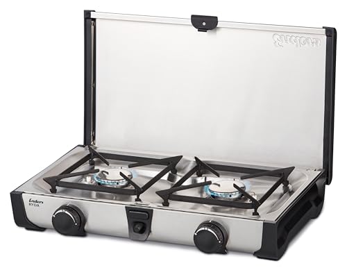 Enders Ryda 2Z, Gaskocher mit Zündsicherung, 2-flammig, Edelstahlbrenner 2x2,3 kW, klein und kompakt, inkl. Gasschlauch und Windschutz #1862 von Enders