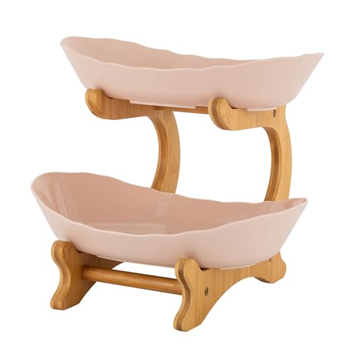 2 Etagen Obstschale Obst Etagere PP-Material Obsttafel mit Bambusständer Obstkorb Obstständer Servierteller für Küche Abnehmbare Schüssel, Stapelbar, Speicherbar Obstschalen für Früchte, Süßigkeiten von Endingfuny