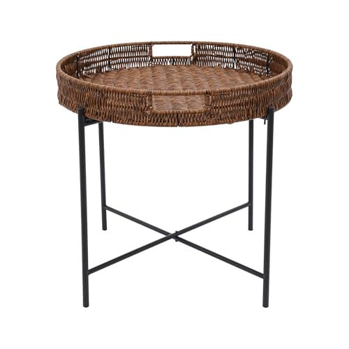 Geflochtener Rattan-Imitat Beistelltisch | Klappbarer Couchtisch mit Abnehmbarem Tablett | Hochwertiges Eisen & PP | Tragfähigkeit 10 lbs | Ø48 x H42 cm | Wohnzimmer, Schlafzimmer, Büro | Erhöhte Ränd von Endingfuny