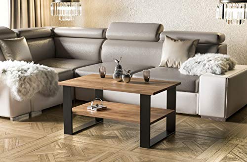 Endo-Moebel Couchtisch Inga 110/65/53 cm Schwarze Metallkufen Beistelltisch mit Ablagefach (Craft Eiche) von Endo-Moebel