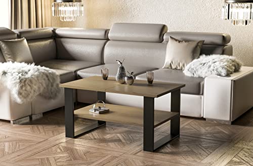 Endo-Moebel Couchtisch Inga 110/65/53 cm Schwarze Metallkufen Beistelltisch mit Ablagefach (Natur Eiche) von Endo-Moebel