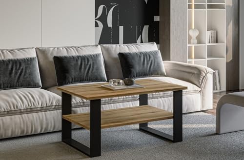 Endo-Moebel Couchtisch Inga 110x65 cm – Robuster Beistelltisch mit Ablagefach und stabilen Metallkufen (Eiche Evoke) von Endo-Moebel