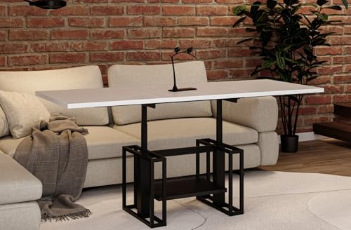 Endo-Moebel Couchtisch Victoria – ausziehbar 110–170 cm und höhenverstellbar Doppellift Metall (Weiss Hochglanz) von Endo-Moebel