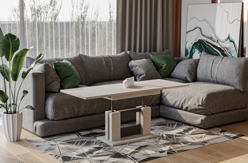 Endo-Moebel Design Couchtisch Fabel 110-170 cm Esstisch erweiterbar & höhenverstellbar Doppellift (Kaschmir beige) von Endo-Moebel