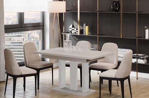 Endo-Moebel Esstisch Appia White – ausziehbar 130–210 cm – moderner Säulentisch mit 2 Erweiterungsplatten – Metallgestell Weiß (Kaschmir Beige) von Endo-Moebel