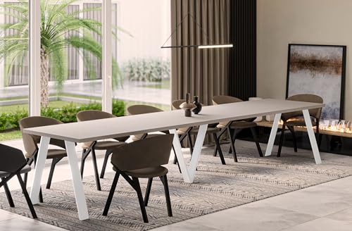 Endo-Moebel Esstisch Lungo White – ausziehbar 130–405 cm – XXL Esstisch mit 5 Erweiterungsplatten – Metallgestell Weiß (Cashmere/Kaschmir - Beige) von Endo-Moebel