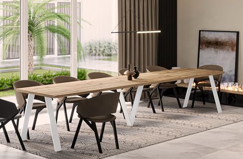 Endo-Moebel Esstisch Lungo White – ausziehbar 130–405 cm – XXL Esstisch mit 5 Erweiterungsplatten – Metallgestell Weiß (Evoke Eiche) von Endo-Moebel