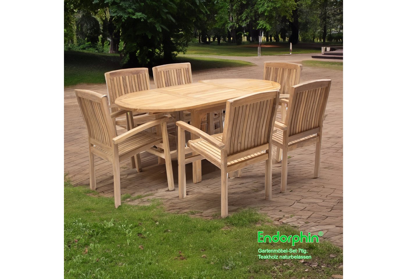 Endorphin Garten-Essgruppe Gartenmöbel Set 7tlg. Teakholz, Tisch oval, ausziehbar mit 6 Stühlen s, (7er-Set, 7-tlg., Gartentisch mit 6 Stühlen) von Endorphin