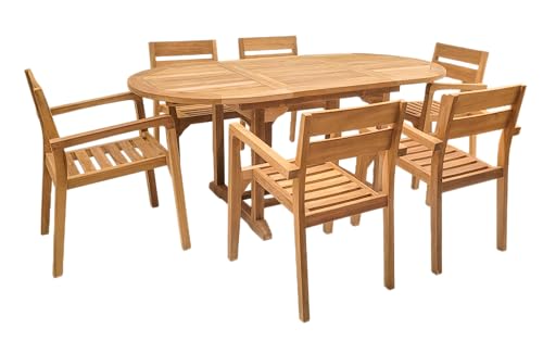 Endorphin Gartenmöbel Set Holz - 7-teilig - unbehandeltes Teakholz - 1 Tisch + 6 Stühle stapelbar - Gartentisch Wetterfest für Außen - Gartengarnitur Set mit Ausziehtisch von Endorphin