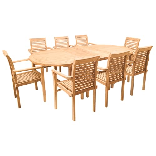Endorphin Gartenmöbel Set Holz - 9-teilig - unbehandeltes Teakholz - 1 Tisch + 8 Stühle stapelbar - Gartentisch Wetterfest für Außen - Gartengarnitur Set mit Ausziehtisch von Endorphin