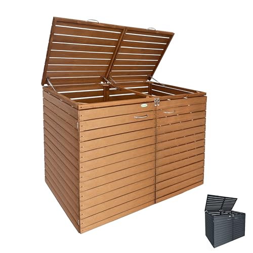 Mülltonnenbox 2er 240 l mit Gasdruckfeder in Braun - Müllbox aus Holz - Mülltonnenverkleidung - Mülltonnen Sichtschutz - Mülltonnenhäuschen Extra Stabil von Endorphin
