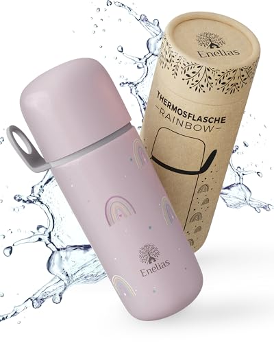 Enelias® Thermoskanne mit Becher [350 ml] - Thermosflasche mit praktischem Verschluss, BPA-frei, kohlensäuregeeignet - Edelstahl Trinkflasche Kinder für Ausflüge, Kindergarten und Schule | Rosa von Enelias