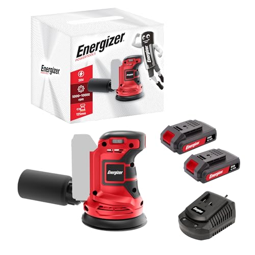 Energizer – Akku-Rundschleifer 20V, 10.000 U/min, 6-stufige Drehzahlregelung – 125 mm Klettteller, Staubsack, 10 Schleifscheiben inklusive – Inklusive 2 Akkus 20V 2AH + Schnellladegerät Energizer – Akku-Rundschleifer 20V, 10.000 U/min, 6-stufige Drehzahlregelung – 125 mm Klettteller, Staubsack, 10 Schleifscheiben inklusive – Inklusive 2 Akkus 20V 2AH + Schnellladegerät von Energizer