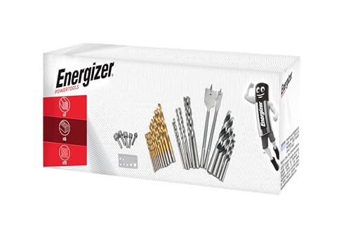 Energizer - Set mit 30 Bohrern – 11 Spiralbohrer HSS 4241 titanbeschichtet, 5 Holzbohrer, 6 Mauerwerk, 2 Holzschrauben (16/22 mm), 5 Hohlschrauben und 1 Bohrschablone von Energizer