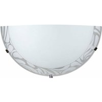 Elegante Chrom-Wandleuchte mit dekoriertem Glas und weißer Platte, ausgestattet mit Haken zur Montage, geeignet für die Aufnahme einer E27-Glühbirne. von Energy
