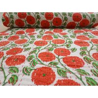 Hand Block Print Kantha, Queen-Size Kantha Quilt, Orange Floral Baumwolle Handgemachte Tagesdecke King Hippie Quilt von EneverCrafts