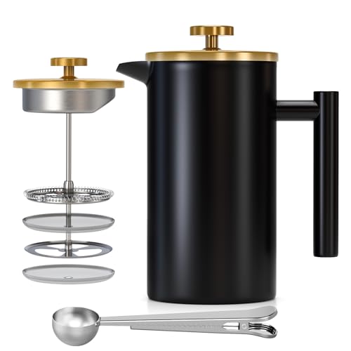 Enfmay French Press Kaffeebereiter 1 Liter, Edelstahl Kaffeepresse, Tragbare Cafetière mit Filter, Doppelwandige isolierte French Press, Kaffeezubereiter für Reisen Camping inkl Löffel, Schwarz von Enfmay