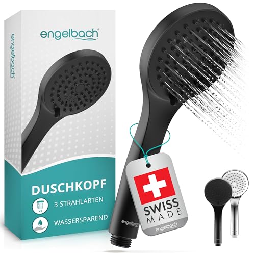 Engelbach® Duschkopf wassersparend – Hergestellt in der Schweiz | 3 Strahlarten: Sanfter Regen, Massage & Intensiv | Universal Handbrause (9L/Min), Duschbrause schwarz von Engelbach