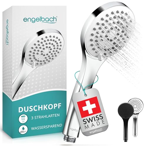 Engelbach® Duschkopf wassersparend – Hergestellt in der Schweiz | 3 Strahlarten: Sanfter Regen, Massage & Intensiv | Universal Duschbrause (9L/Min), Handbrause, Chrom von Engelbach