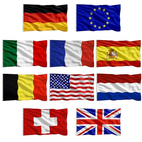 10 Stück Nationalflagge Set 150x90 cm – Flagge mit Metallösen – Fahne Deutschland EU Italien Spanien Frankreich USA UK Schweiz Belgien Niederlande für Hotels, Resorts & Outdoor von Engelblick DE