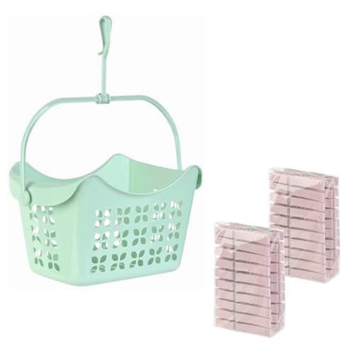 Engelland - 1 x Wäscheklammern-Korb, Farbe: Mint-Grün, inlusive 40 Wäscheklammern, Farbe: Hell-Rosa, Hängekorb, mit Griff und Haken zum Auf-Hängen, PP-Kunststoff, L 24 x B 14,5 x H 13 cm Engelland - 1 x Wäscheklammern-Korb, Farbe: Mint-Grün, inlusive 40 Wäscheklammern, Farbe: Hell-Rosa, Hängekorb, mit Griff und Haken zum Auf-Hängen, PP-Kunststoff, L 24 x B 14,5 x H 13 cm von Engelland
