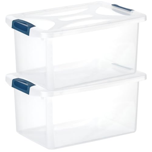 Engelland - 2 x Aufbewahrungsbox mit Deckel und Verschluss-Clips, dunkelblau-transparent, 16 Liter, Plastik-Box, stapelbar, stabil, BPA-frei, lebensmittelecht von Engelland