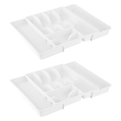 Engelland - 2 x verstellbarer Besteckkasten, Weiß, Besteckkorb mit 8 Fächern, Kunststoff, BPA-frei, Besteckhalter, Besteckeinsatz für Küchenschubladen, Maße: 29-51 x 38 x 5 cm von Engelland