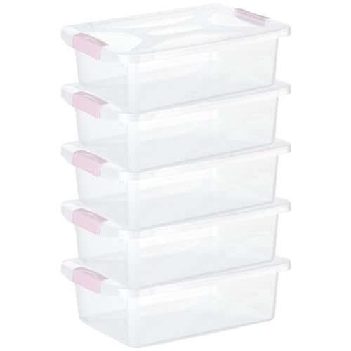 Engelland - 5 x Aufbewahrungsbox mit Deckel und Verschluss-Clips, rosa-transparent, 6 Liter, Plastik-Box, stapelbar, stabil, BPA-frei, lebensmittelecht von Engelland